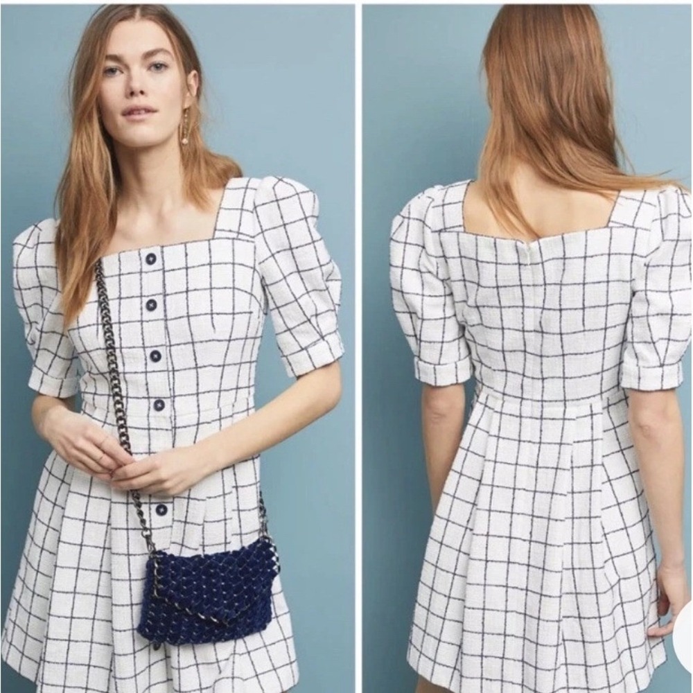 Gal‎ Meets Glam White Black Grid Square Neck Puff Sleeve Dress 2 Pockets Classy - Picture 3 of 13